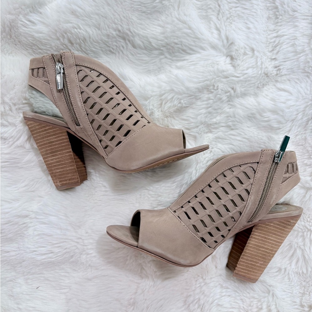 Vince Camuto Taupe Cutout Peep-Toe Block Heel Bootie